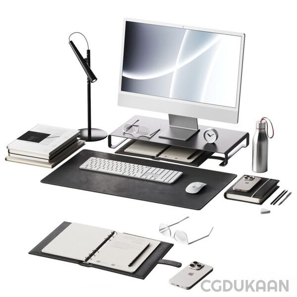 A desk with a computer, keyboard, mouse, and other items.