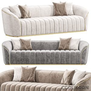 Three modern velvet sofas in beige, grey, and brown colors with gold accents and decorative pillows.