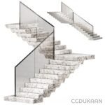 Modern marble staircase with glass railing, ascending in a zigzag pattern.