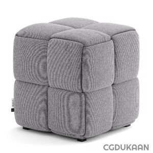 A modern gray fabric upholstered ottoman with a unique cube-shaped design, consisting of smaller cushioned cubes stacked together, placed on a white background.