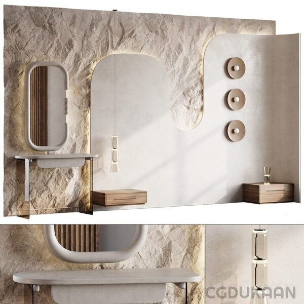 A modern beige bathroom corner with marble walls featuring a vertical mirror, wooden shelf with a towel, and built-in round shower heads.