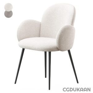 A modern chair with a curved backrest and armrests, upholstered in a light beige fabric, supported by four black metal legs.