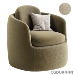 Modern olive green fabric armchair with round edges and a matching cushion on the seat, accompanied by a grey square pillow.