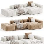 Three images of modern modular sofas with plush cushions, shown in white, beige and brown colors, arranged in different configurations.