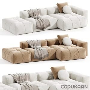 Three images of modern modular sofas with plush cushions, shown in white, beige and brown colors, arranged in different configurations.