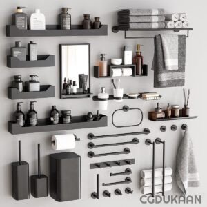 A neatly organized bathroom wall with various shelves holding black and white toiletry items, towels, and bathroom accessories. A mirror is in the center, and there are hooks with hanging towels on the right side.