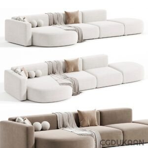 Three images of a modular couch that can be rearranged, with two images showing it in white and one in brown.