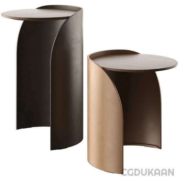 Two modern curved side tables in black and bronze colors.