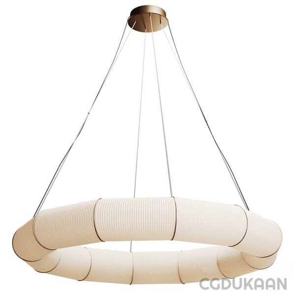 A modern chandelier with a round, ribbed design suspended by thin wires from a golden ceiling fixture.