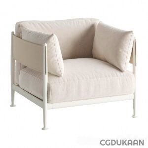 A modern light beige armchair with a metal frame and plush cushions against a white background.