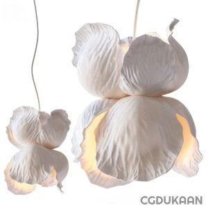 3d model of pendant in shape of White flowers suspended from ceiling, elegant and delicate decor.