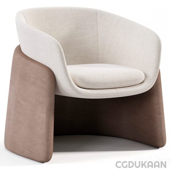 Modern chair with a curved backrest and a brown base, upholstered in light gray fabric