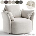 A light grey fabric swivel chair with plush cushions and color swatches showing available shades above it.