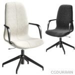 Two modern office chairs, one in light beige fabric and the other in black, with sleek armrests and a five-point wheeled base.