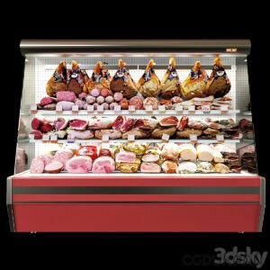 A display case filled with various meats and food items.