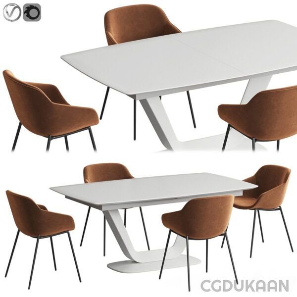 White table surrounded by brown chairs in a dining room setting.