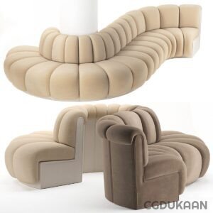 A collection of colorful curved sofas, each in a unique hue, arranged together in an appealing display.