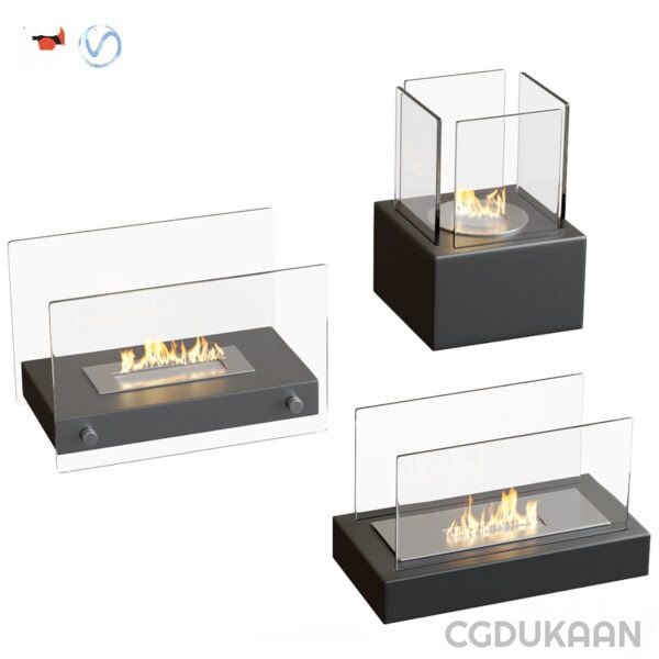 Four fireplaces with glass inserts: modern, traditional, electric, and gas options for stylish home heating.