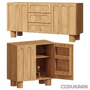 A wooden sideboard with two doors and a shelf, perfect for storing dining essentials.