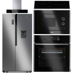 A refrigerator, microwave, and oven arranged in a set of three different appliances.