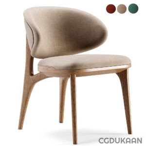 A wooden chair with a beige upholstered seat.