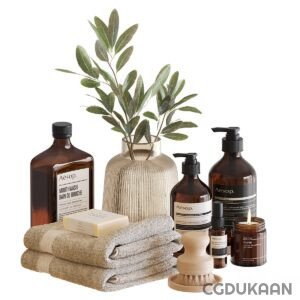 Assorted products displayed: towel, soap, and plant.