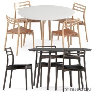 Four chairs and a table arranged neatly in a dining room.