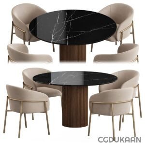 A black marble table with four chairs arranged around it, creating a stylish and elegant dining area.