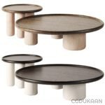 Three tables: round, rectangular, and square. Varying sizes and shapes.