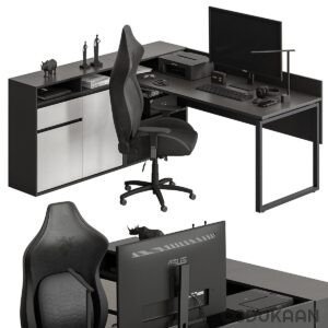 A computer desk with a monitor, keyboard, and mouse neatly arranged for efficient work.