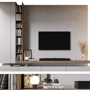 A sleek TV mounted on a wall above a stylish bookshelf in a contemporary living room.