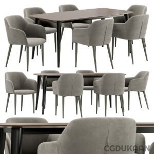 A collection of four images featuring various dining tables and chairs.