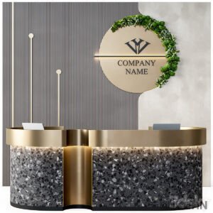 Reception desk made of elegant marble and adorned with gold accents.