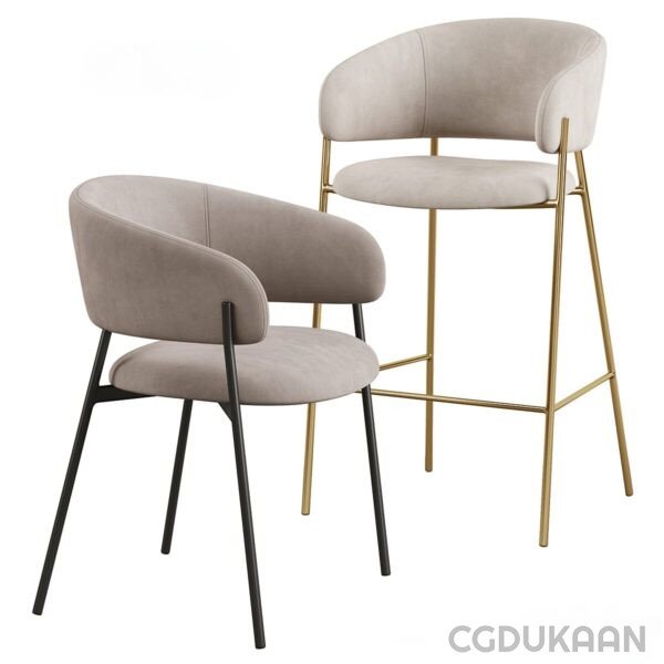 Two elegant chairs with gold legs and beige upholstered seats.