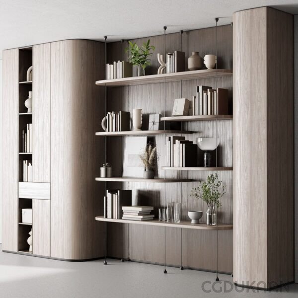 A contemporary bookcase with shelves and a potted plant placed on top.