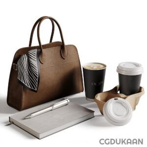 A brown bag, coffee cup, notebook, and pen on a table.