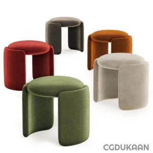 Four colorful stools in a row, each in a different hue - red, blue, green, and yellow.