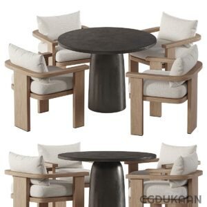 A wooden table surrounded by four chairs, creating a cozy seating arrangement.