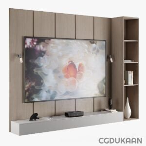 A wall-mounted TV with shelves and a shelf for storage.