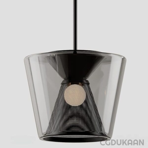 Black and clear glass pendant light hanging from ceiling, modern design.