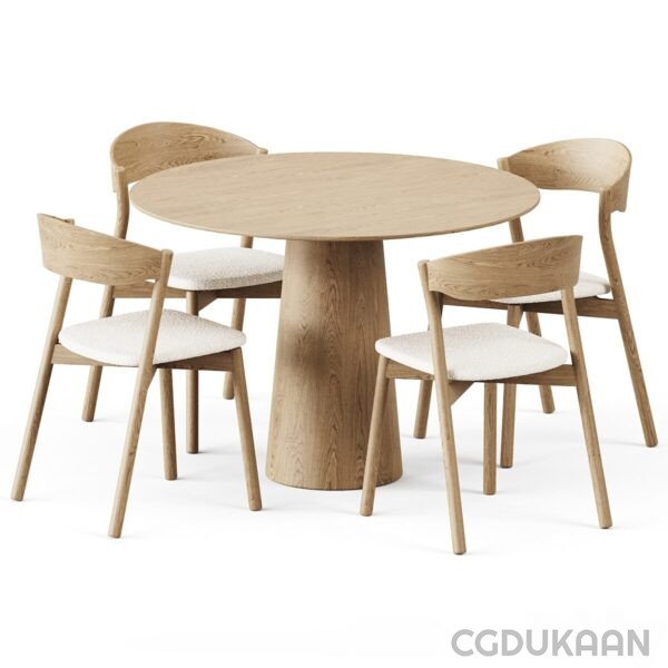 A round dining table with four chairs in a cozy dining room setting.