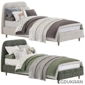 Two upholstered beds, one beige and the other green, each with pillows and neatly arranged bedding. The beige bed features gray and white linens, while the green bed has green and gray linens.