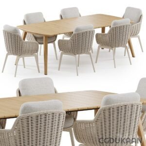 A wicker table surrounded by chairs in a well-lit room.