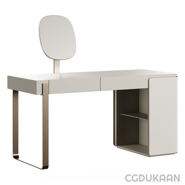 White desk with mirror and chair in a bright room.