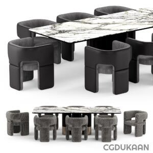 Marble table with black chairs and black marble top in a modern dining room.