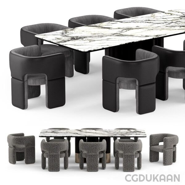 Marble table with black chairs and black marble top in a modern dining room.