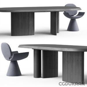 Two black chairs and a table in a simple design, creating a sleek and modern look.