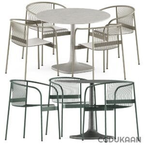 A modern dining set with four chairs and a table, perfect for family gatherings and meals.