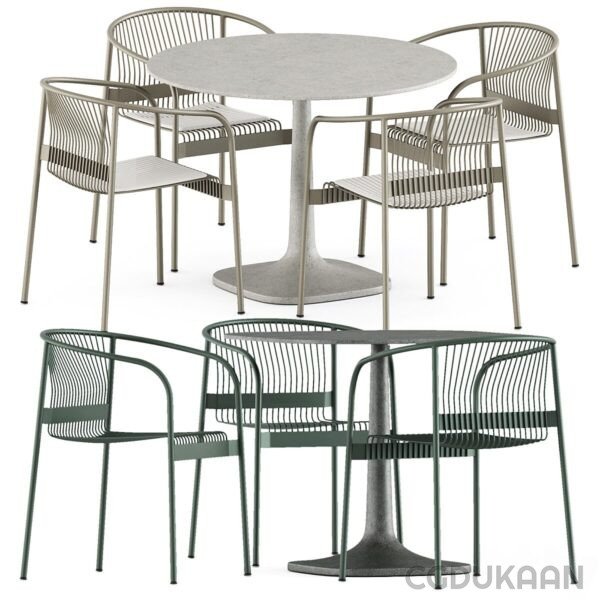 A modern dining set with four chairs and a table, perfect for family gatherings and meals.