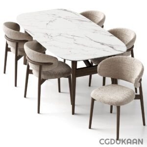 A marble table with four chairs and a white marble top in a modern dining room setting.